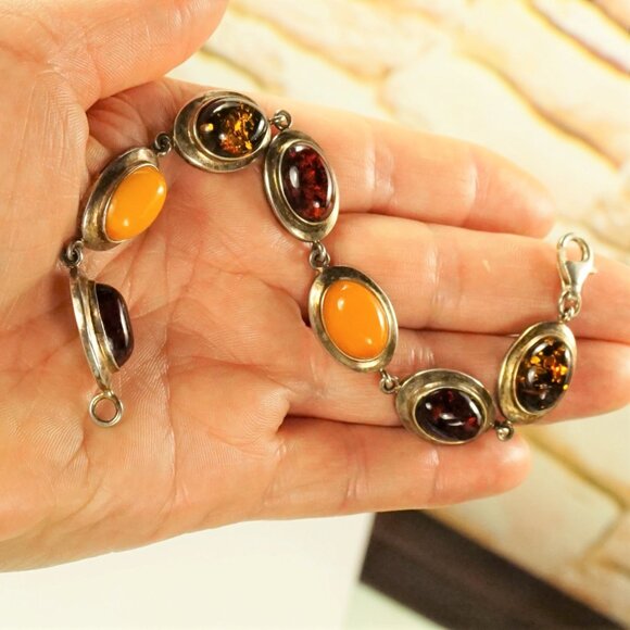 Multi Amber And 925 Silver Link Bracelet 7" - Unisex Amber Jewelry Gift - Picture 10 of 13